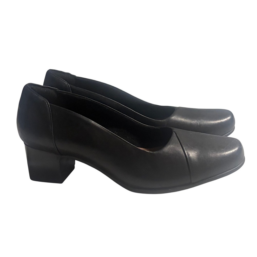 Clarks Unstructured Black Leather Block Heel Pumps Round Toe‎ Womens 10 M